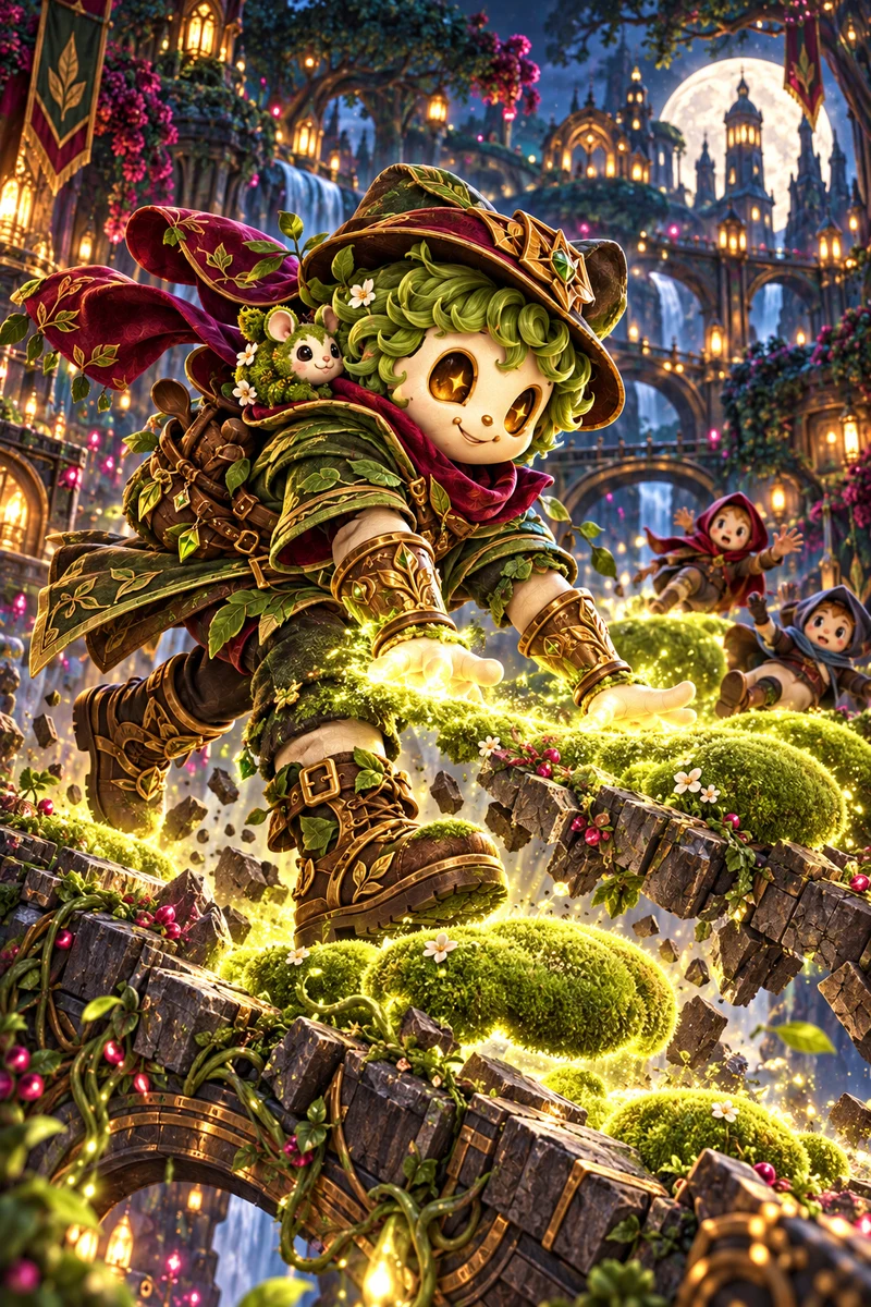 Mossy Mallow in a leafy green outfit tending a flower-covered path