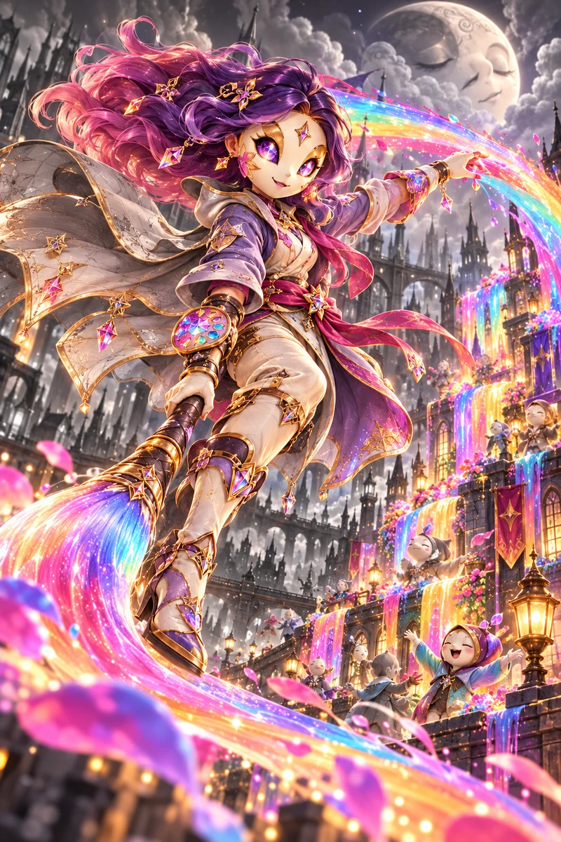 Pillow Prism painting a bright rainbow across a storybook world